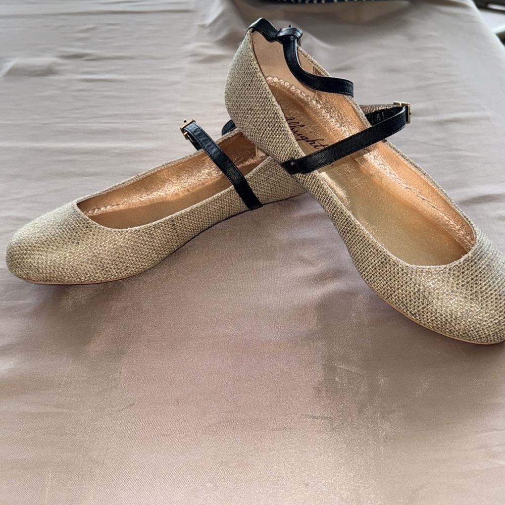 Anthropologie Miss Albright Dacey Shimmer Linen Mary Jane Ballet Flats Straps - Picture 4 of 11